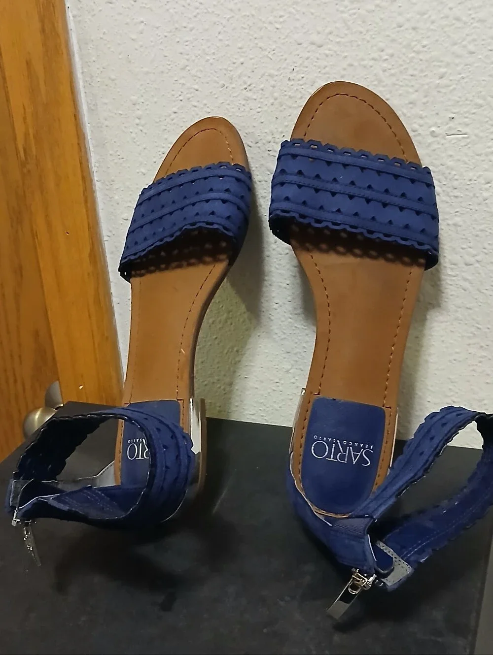 Franco Sarto Blue Suede Laser-Cut Ankle Zip Flat Sandals Size 8.5M